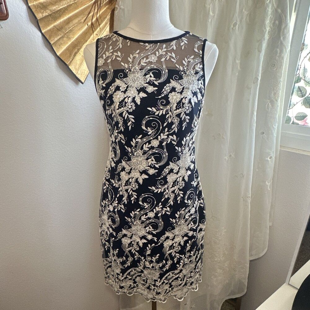 Lauren Ralph Lauren Navy Ivory Floral Embroidered Mesh Sheath Dress 2